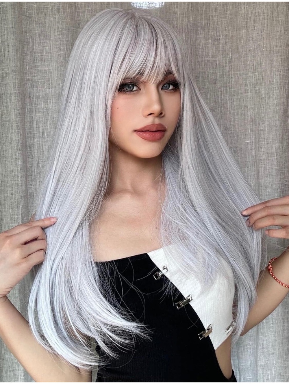 Gray Long Silver Grey Wig with Bangs Cosplay